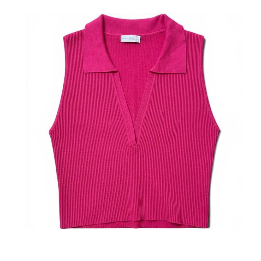 House of Harlow 1960 Ribbed Knit Sleeveless V-Neck Polo Top Hot Pink Size Large